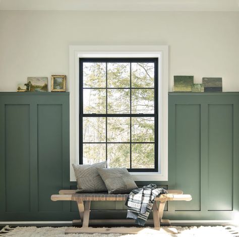 Entryway with white walls and green wainscoting, featuring a wooden bench in front of large window with black trim. Interior Paint Colors Benjamin Moore, Craftsman Interior Paint Colors, Craftsman Paint Colors, Painted Wainscoting, Hiasan Dalaman Rumah, Green Accent Walls, Craftsman Interior, Paint Colors Benjamin Moore, Green Paint Colors