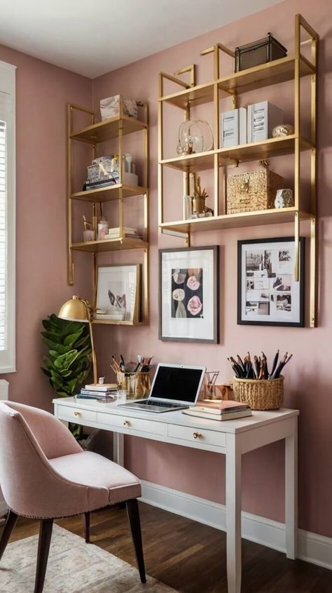 40 Feminine Small Home Office Ideas For Women Office With Adjustable Desk, Her Office Space Inspiration, Light Pink Office Ideas, Home Office Women Ideas, Women’s Home Office Inspiration, Office Ideas Women, Small Office Room Ideas, Small Cozy Office, Girl Office Ideas