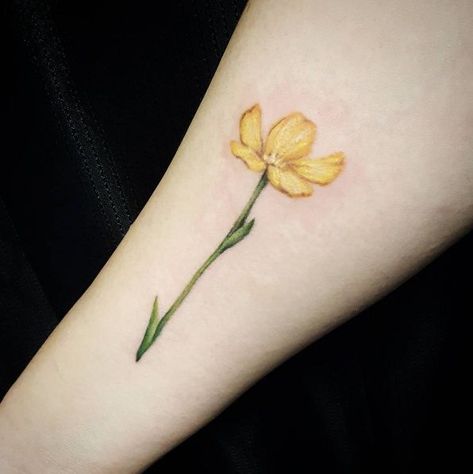 Yellow Flower Tattoos, Buttercup Tattoo, Yellow Tattoo, Cup Tattoo, Cute Tattoo, Buttercup Flower, Watercolor Tattoo Flower, Wildflower Tattoo, Tattoo Designs And Meanings