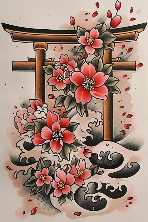 Tattoo idea: tattoo sketch A torii gate leading to a virtual realit 3 Torii Gate Tattoo, Gate Tattoo, Japanese Temple Tattoo, Japanese Gate, Symmetrical Tattoo, Temple Tattoo, Idea Tattoo, Watercolor Hummingbird, New Tattoo Designs