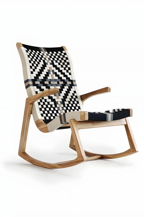 Crafted from sustainable wood and handwoven patterns, this rocking chair will surely add a tasteful color to your living space. Colonial Chair, Outdoor Covered Patio, Rocker Chair, Rocker Chairs, Lake House Decor, Book Design Layout, Custom Cushions, Tile Work, Mid Century Modern Style