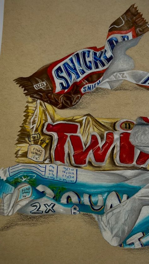 Sweet Wrapper Art, Gcse Art Food Title Page, Still Life Title Page, Food Surrealism, Food Textiles, Candy Drawings, Food Art Drawing, Ks3 Art, Confectionary Art