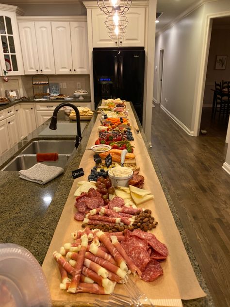 Charcuterie Board On Parchment Paper, Costco Grazing Board, Charcuterie Board Island Ideas, Charcuterie Island Ideas, Charcuterie On Parchment Paper, Charcuterie On Island, Large Charcuterie Board On Island, Charcuterie Board Parchment Paper, Charcuterie Board On Paper