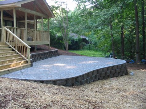 Pavers For Patio, Hardscape Patio, Concrete Paver Patio, Paver Patios, Landscape Pavers, Patio Pictures, Sloped Yard, Raised Patio, Deck Steps