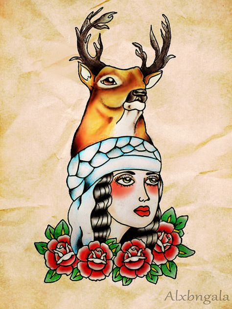 Yaqui by:Alejandra L Manriquez. #tattoo #mexico #deertattoo #ladyheadtattoo Deer Dancer, Cosmic Woman, Mexican Tattoo, Mexican Art Tattoos, Timeless Tattoo, Native Tattoos, Bull Tattoos, Indian Tattoo, Horror Tattoo