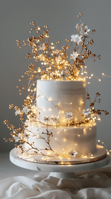 Modern Square Wedding Cake, Sparkly Cake Ideas, Wedding Dry Ice, Wedding Cake With Candles, Magical Wedding Cake, Wedding Cakes With Real Flowers, Christmas Themed Wedding Cake, Wedding Cake With Lights, Two Tier Wedding Cake Elegant