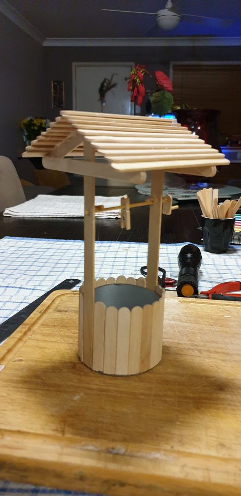 Popsicle Stick Fairy Garden Ideas, Popsicle Stick Fairy Houses, Well Craft, Popsicle Stick Farm, Popsicle Stick Roof, Farm Popsicle Sticks, Arch Bridge Popsicle Sticks, Log Cabin Popsicle Sticks, Popsicle Stick Cottage