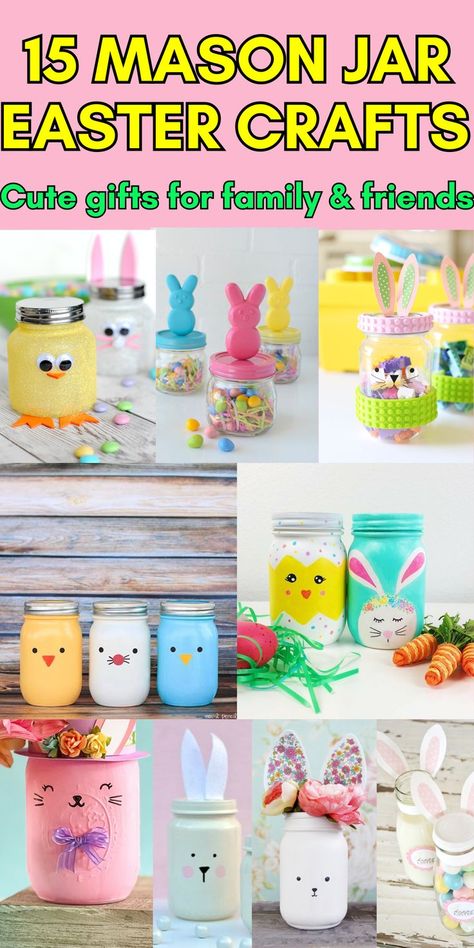 15 Best easy to make DIY Mason Jar Easter crafts that make cute gift ideas for family, kids and friends. Simple tutorials, easy to follow step-by-step guides to creating Easter vases, Easter decor, Easter Baskets and gifts from Mason Jars. DIY Easte gift ideas, Easter gift ideas, homemade Easter gift ideas, Easter crafts, DIY Easter decorations, DIY Easter crafts for kids to make, gift ideas to make, Easter activities, Easter aesthetic, easy Easter crafts. Easter crafts to sell, Easter make Make Gift Ideas, Cheap Easter Gifts, Inexpensive Easter Gifts, Easter Crafts To Sell, Homemade Easter Gifts, Easter Mason Jar Crafts, Easter Aesthetic, Easter Mason Jars, Easter Gift Ideas