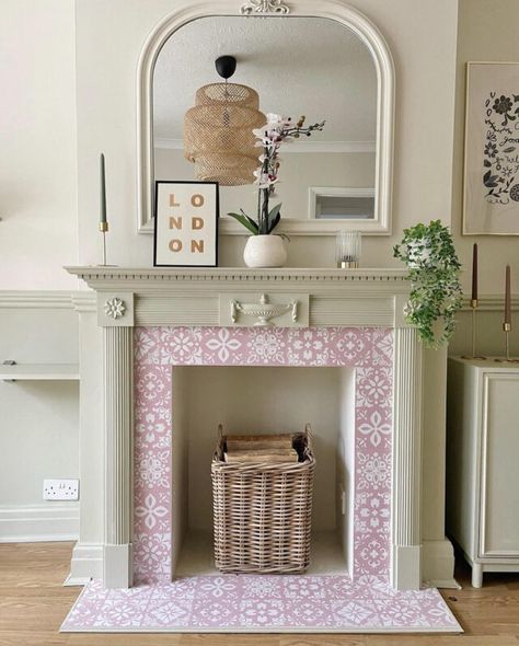 Uk Fireplace Ideas, Painted Fire Surround Ideas, Pink Tiled Fireplace, Painted Fireplace Tiles, Antique Tile Fireplace, Wood And Tile Fireplace, Coloured Fireplace, Paint Fireplace Surround, Colourful Fireplace