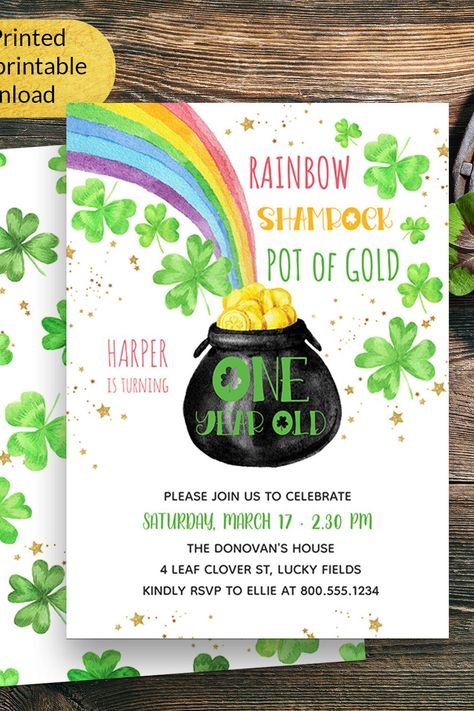 Rainbow Shamrock Pot of Gold 1st Birthday Invitation Rainbow Shamrock, Rainbow Birthday Invitations, Kids Birthday Invitation, Girl Birthday Party Invitations, 1st Birthday Invitation, 4 Leaf Clover, 1st Birthday Invitations, Birthday Invitations Kids