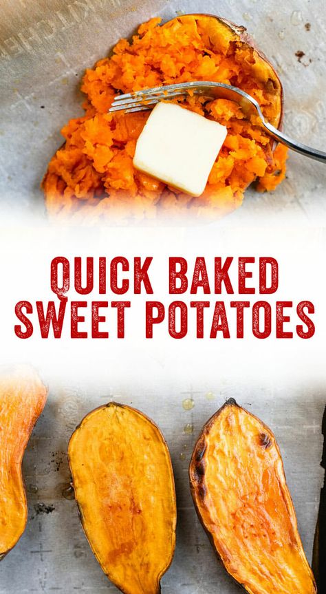 Here's how to make a perfectly baked sweet potato -- fast! This trick cuts down the baking time: it's a total game changer. #sweetpotato #baked #healthy #mealprep Baked Sweet Potato Oven, Mexican Sweet Potatoes, Cheese Sauce For Broccoli, Sweet Potato Oven, Crispy Sweet Potato Fries, Sweet Potato Recipes Baked, Crispy Sweet Potato, Sweet Potato Chili, Vegetarian Cookbook