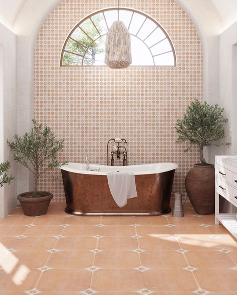 Get ready to fall in love with Tile Club’s stunning terra-cotta inspired tiles! Swipe through and discover the rich, earthy tones of the Montura Groove and Sultana collections. Whether you’re drawn to the geometric elegance of Montura’s hexagon tiles or the Moroccan charm of Sultana’s intricate designs, these tiles bring warmth and style to any space. 🌞✨ Which terra-cotta inspired look is your fave? Tell us below! Bathroom With Terracotta Floor Tiles, Bathroom Terracotta Floor, Spanish Revival Bathroom, Moroccan Tile Bathroom, Moroccan Wall Tiles, Bathroom Tiles Combination, Restroom Renovation, Terracotta Floor, Indoor Tile