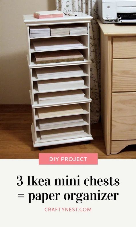 How to build a mobile shelf unit for storing printer paper and envelopes by stacking mini chests — minus the drawers. Tabloid Paper Storage, Printer Paper Storage, Diy Paper Organizer, Paper Storage 12x12, Chests Diy, Ikea Plants, Office Supply Storage, Paper Organizer, Starburst Mirror