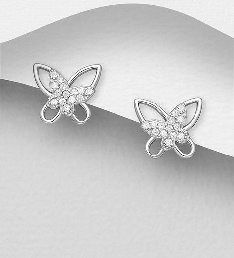 925 Sterling Silver Butterfly Push-Back Earrings, Decorated with CZ Simulated Diamonds Width: 7/16 inches Height: 13/32 inches Butterfly Diamond Earrings, Butterfly Jewellery, Jewelry Product Shots, Silver Butterfly Earrings, Butterfly Earring, Jewellery Design Sketches, Art Jewelry Design, Shein Outfits, Butterfly Earrings Stud