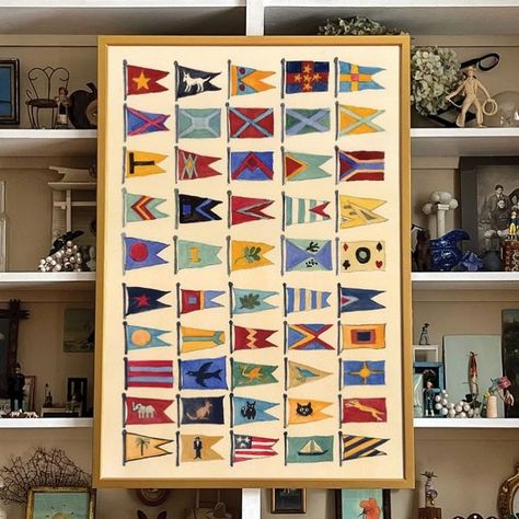 Mary Maguire on Instagram: "🚩⚓️I am in a flag frenzy! My concept for these pieces was to bring bright colors and fun shapes into my collection, while keeping the subjects cohesive and true to my artwork. I am offering these ‘Nautical Flags’ at two sizes, that measure approximately 18 x 24 and a super sized 28 x 40!⚓️🚩 Also available, the ‘Signal Flags- Alphabet’ in maritime signal flags (slide 2) at approximately 16 x 42 inches #alphabet #marymaguire #antique #marymaguireart #flag #flags #nauticalflags #nautical #nauticalart #customart #customartwork #watercolor #art #gallerywall #decor #interiordecorating #interiordesign #interior #watercolors #interiorstyling #gilt #giltframe #folkart #painting #signalflags #semaphore #maritime" Nautical Flags Decor, Maritime Signal Flags, Thesis Inspiration, Flag Alphabet, Flag Drawing, Signal Flags, Maritime Art, Nautical Flags, A Flag