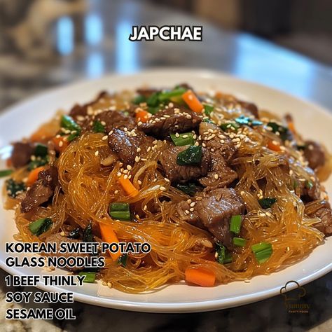 🌟 Dive into a flavorful adventure with our Japchae recipe! Perfect for noodle lovers and Korean cuisine enthusiasts. 🍜✨ Japchae Ingredients: - 200g Korean sweet potato glass noodles - 1/2 lb beef, thinly sliced - 2 tbsp soy sauce - 2 tbsp sesame oil - 1 tbsp sugar - 2 cloves garlic, minced - 1 onion, thinly sliced - 1 red bell pepper, julienned - 2 carrots, julienned - 4 shiitake mushrooms, sliced - 3 green onions, cut into 2-inch pieces - 1/4 cup soy sauce - 2 tbsp sugar - Toasted sesame s... Sweet Potato Glass Noodles, Potato Glass Noodles, Japchae Recipe, Korean Sweet Potato, Cozy Fall Recipes, Noodles Lover, Glass Noodles, Shiitake Mushrooms, Marinated Beef