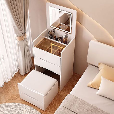 Luxury Dresser, Space Saving Bedroom, Makeup Vanities, Mirror Drawers, Drawer Bedroom, Dressing Table Storage, Mirrored Vanity Desk, Makeup Desk, Vanity Benches