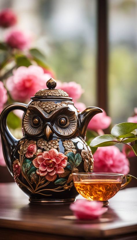 Amazing Owl Teapot - AI creation Owl Teapot, Beautiful Teapots, Owl Pictures, Teapots And Cups, Pottery Ideas, Tea Sets, Screen Savers, Kitchen Items, Tea Pot