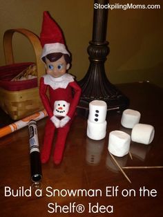 Build a snowman Elf on the Shelf® Idea #ElfOnTheShelf #Christmas Elf Do You Wanna Build A Snowman, Snowman Elf On The Shelf, Large Marshmallows, Classroom Elf, Elf On The Shelf Idea, Elf Shelf, Marshmallow Snowman, Awesome Elf On The Shelf Ideas, Elf Magic