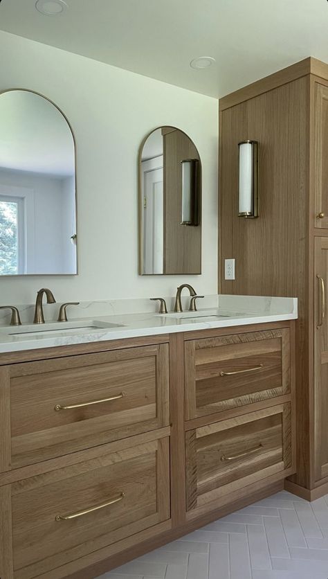 Wood Bathroom Vanity, Master Bath Remodel, Wood Vanity, Bath Remodel, Bathroom Storage, Master Bath, Bathroom Remodel, Double Vanity, Framed Bathroom Mirror