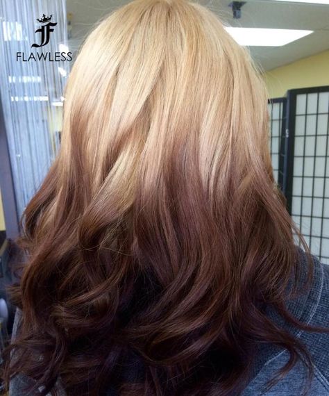 Reverse Blonde To Brown Ombre Blonde Hair Brown Ends, Blonde Roots Brown Ends, Reverse Ombre Blonde To Brown, Dusty Hair Color, Blonde Reverse Ombre, Blonde To Brown Ombre, Hair Color Blonde And Brown, Ghost Roots Hair, Haircolour Ideas