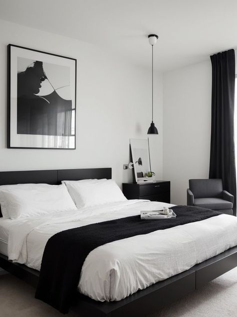 Create a striking contrast in your bedroom by hanging a collection of black and white artwork above your bed. Pair it with modern furniture pieces and sleek lines to achieve a stylish and contemporary aesthetic. Black And White Bedroom Art, Black And White Bedroom, Black White Bedrooms, Mens Bedroom Decor, Black Bedroom Decor, White Artwork, Black And White Artwork, Black Bedroom, Apartment Decor Inspiration