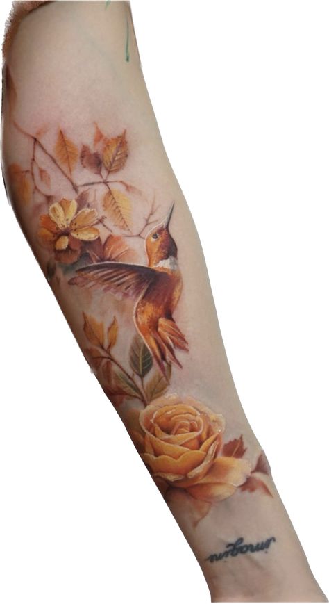 Coloured Arm Tattoos For Women, Half Flower Half Animal Tattoo, Watercolor Bird Tattoos For Women, Fox And Hummingbird Tattoo, Autumn Flowers Tattoo, Lion Queen Tattoo For Women, 3rd Eye Tattoo Women, Lion Queen Tattoo, Whimsical Tattoo Sleeve