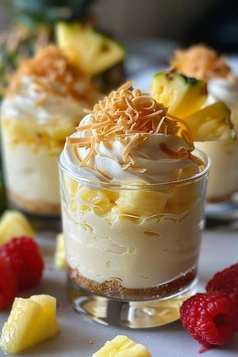 Pina Colada Cheesecake Mousse, Pina Colada Dessert, Pina Colada Cheesecake, Cheesecake Parfaits, Cheesecake Mousse, Pina Colada, Heavy Cream, Powdered Sugar, 1 Cup