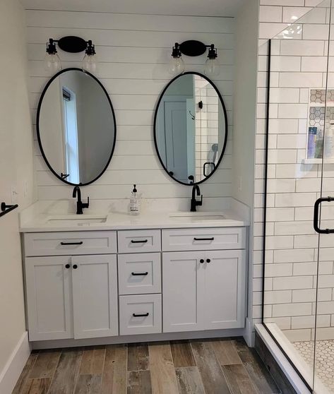 Contemporary Craftsman Interior, Arch Mirror Bathroom, Large White Tiles, Oval Mirrors, Bathroom Upstairs, Oval Mirror Bathroom, Craftsman Interior, Contemporary Craftsman, Double Mirror