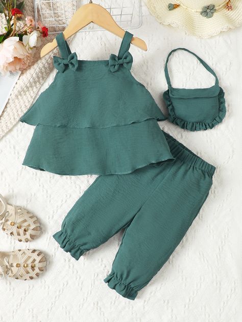 Dark Green Cute Collar Sleeveless Plain Embellished Slight Stretch Toddler Girls Clothing Shein Kids, Green Cute, Kids Frocks Design, Kids Dress Patterns, Kids Dress Wear