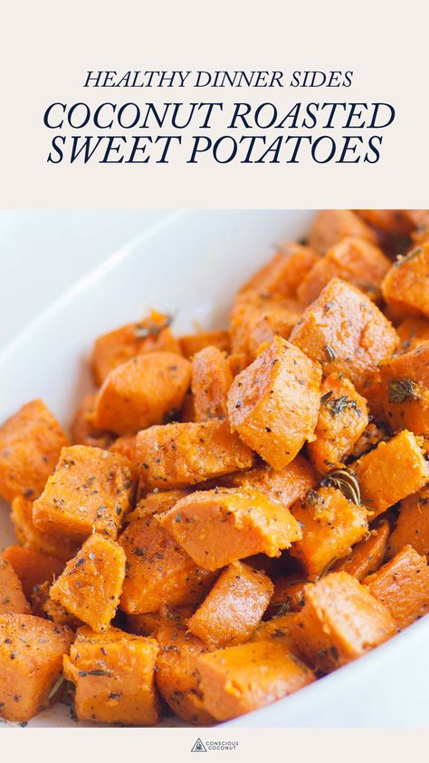 Sweet Potatoes Healthy, Coconut Sweet Potato, Healthy Dinner Sides, Mushroom Stuffing, Potatoes Healthy, Sweet Potato Recipes Roasted, Cipollini Onions, Baking With Coconut Oil, Coconut Baking