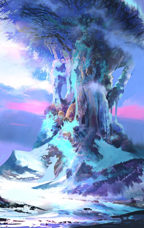 Snowy Places, Anime Locations, Frozen Tree, Dnd Inspiration, View Art, Magical Creature, Fantasy Background, Space Fantasy, Fantasy Island