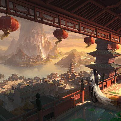 Japanese Fantasy Art, Dnd Cities, Fantasy Story Ideas, Fantasy Village, Yangzhou, Chinese Landscape, Fire Nation, Fantasy City, Fantasy Castle