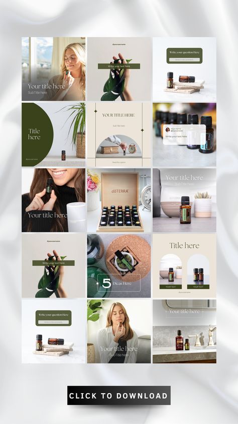 Promote your essential oil business with this dōTERRA-inspired Canva templates pack, perfect for wellness brands and aromatherapy enthusiasts. These templates are designed to help you create a serene and professional Instagram feed, featuring customizable layouts with natural tones and elegant design elements. Ideal for sharing tips, promoting products, or educating your audience about the benefits of essential oils. Enhance your social media presence and grow your brand with ease. Essential Oil Website Design, Perfume Brand Instagram Feed, Essential Oils Instagram Feed, Professional Instagram Feed, Skincare Brand Instagram Feed, Branding Essentials, Essential Oil Business, Elegant Instagram, Balance Doterra Brasil