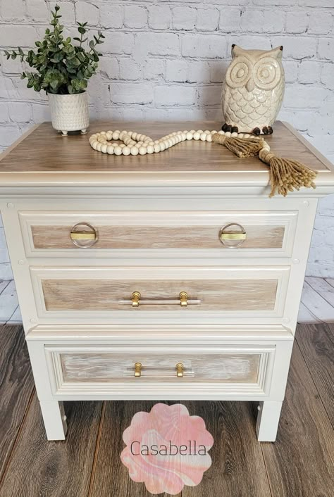 Cream Upcycled Furniture, Cream Colored Nightstands, White And Gold Dresser Diy, Night Stand Furniture Flip, Night Stand Upcycle, Decoupage Dresser Ideas, 3 Drawer Nightstand Makeover, Night Stand Color Ideas, Refinished Night Stand Ideas