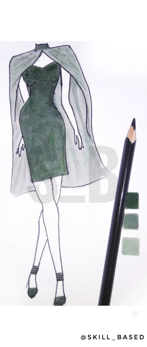 CAPE DRESS COLLECTION_1. #colourof2019 _olivegreen with glitter detail. . . . Follow my hashtag 👉#skill_based_🖤 . . #capedress #fashiondesigner #fashionsketchbook #illustration #hijabista #drawings . . . Follow in Instagram and Facebook page👉 @skill_based Cape Fashion Illustration, Cape Fashion, Dress Illustration, Design Sketchbook, Fashion Design Sketchbook, Fashion Sketchbook, Capes For Women, Cape Dress, Dress Silhouette