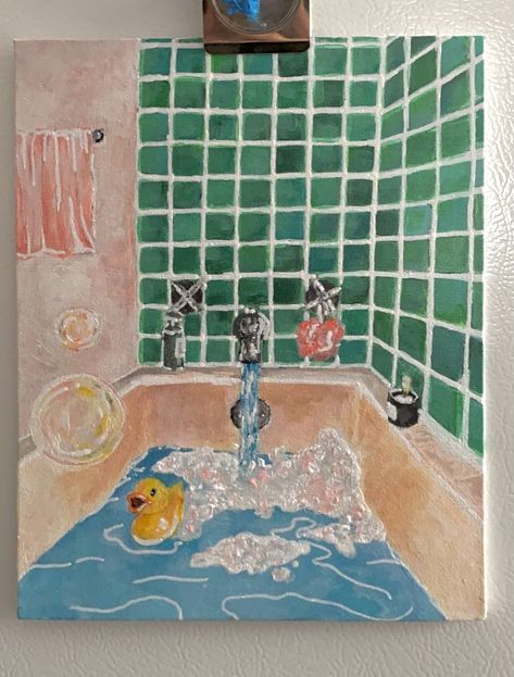 painting acrylic pastel aesthetic bubble bubble bath green duck blue pink Watercolor Bathtub Art, Painting Of Bathtub, Bubble Bath Sketch, Cute Bathroom Drawing, Bathroom Acrylic Painting Ideas, Aesthetic Bathroom Paintings, Drawings Of Bathrooms, Bath Tub Painting Art, Bathroom Drawing Aesthetic