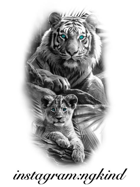 Tiger And Face Tattoo, Tiger And Lion Tattoo, Tiger And Cubs Tattoo, Tiger Cub Tattoo, Tiger Tattoo Sleeve, Cubs Tattoo, Big Cats Photography, Animal Sleeve Tattoo, Tattoo Family