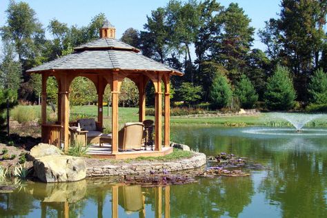 Man Made Lake Ideas, Pond Pavilion Ideas, Floating Gazebo, Gazebo Pond Ideas, Pond Gazebo Ideas, Pond Gazebo, Pond With Gazebo, Gazebo Over Water, Gazebo By Pond