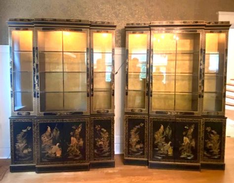 A Rare Pair of Matching Elegant Midcentury Chinoiserie Japanned Drexel Heritage Asian Black Lacquered Breakfronts features beautiful Hand Painted Motif & Gold Detail on Front & Sides 3 Top Front Doors Open to Glass Shelves which Illuminate from above ,Background is Gold Leaf . Bottom has 2 more Doors that open to more Shelves. An Exceptional Find! THIS IS NOT FREE SHIPPING WE Use 3 rd Party White Glove Shippers please provide your zipcode stairs etc You can contact me anytime call/Text 314 494 7 Annie Sloan Graphite, Large Hallway, China Cabinet Display, Drexel Heritage, China Cabinets, Large Shelves, Drinks Cabinet, French Oak, Home Design Decor