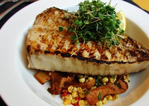 Grilled Halibut Steaks with Corn and Chanterelles Halibut Steak Recipe, Halibut Steaks, Grilled Halibut Recipes, Chanterelle Recipes, Roasted Halibut, Best Mushroom Recipe, Chef John Recipes, Grilled Halibut, Halibut Recipes