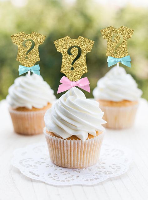 Gender Reveal party supplies - Cupcake Toppers | CatchMyParty.com #catchmyparty #partysupplies #partyideas #cupcakes #genderreveal #babyshower Cricut Gender Reveal Ideas, Gender Reveal Cricut, Gender Reveal Cupcake Ideas, Gender Reveal Dessert, Cupcakes Baby Shower, Gender Reveal Diy, Boy Stickers, Creative Gender Reveals, Baby Gender Reveal Party Decorations