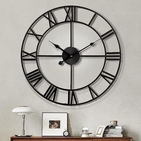 Modern Roman Numerals Large Wall Clocks Non Ticking Round Metal Silent Wall, Decor-Black 40cm Vintage Wall Clocks, Clock With Roman Numerals, Bathroom Wall Clocks, Office Wall Clock, Large Wall Clocks, Wall Clock Classic, Clock For Living Room, Decorative Wall Clock, Sound Energy