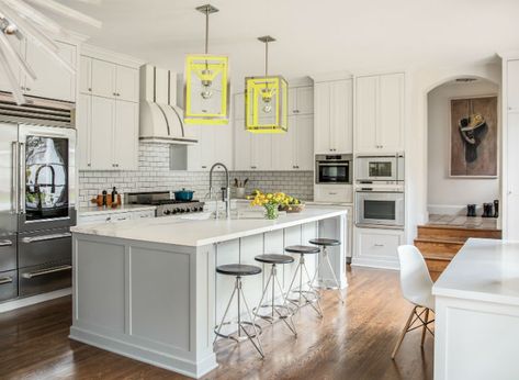 grey kitchen with fluo yellow lights Galley Kitchen With Peninsula, Kitchen With Peninsula, Wolf Range, Dennis Miller, Lindsey Adelman, Transitional Kitchen Design, Kitchen Peninsula, Galley Kitchen Remodel, White Shaker Cabinets