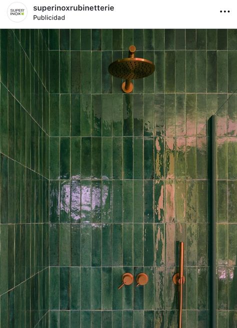 Green And Copper Bathroom, Marazzi Tile, Green And Copper, Copper Taps, Cozy Bathroom, Copper Tiles, Copper Bathroom, Shower Liner, Tiny Bathroom