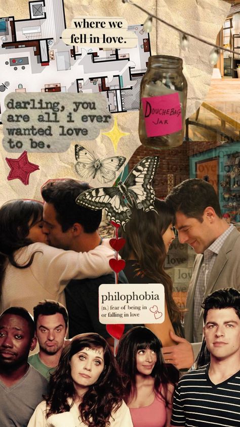 comfort show #newgirl #jessday #nickmiller #schmidt #cece #winston #nickandjess #ceceandschmidt #collage #moodboard #love #aesthetic #vintage New Girl Aesthetic Tv Show, Cece And Schmidt, Nick And Jess, Comfort Show, Collage Moodboard, Over Love, Nick Miller, Room Stickers, Love Aesthetic