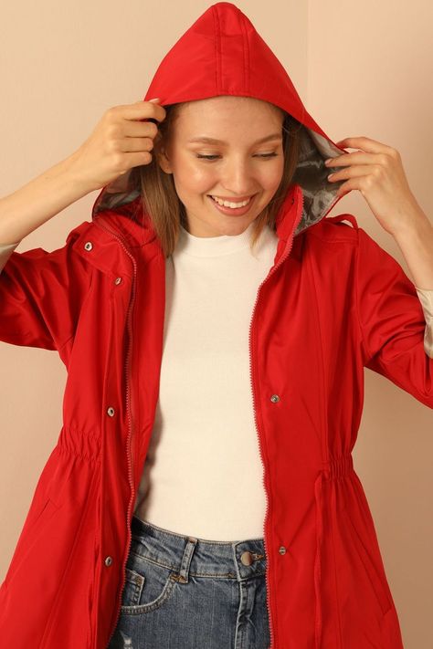 Red Hooded Raincoat For Winter, Red Long Sleeve Raincoat For Winter, Fall Solid Single-breasted Raincoat, Red Waterproof Functional Windbreaker, Red Rain Jacket, Rainy Outfit, Red Raincoat, Jacket Outfit Women, Rain Jacket Women