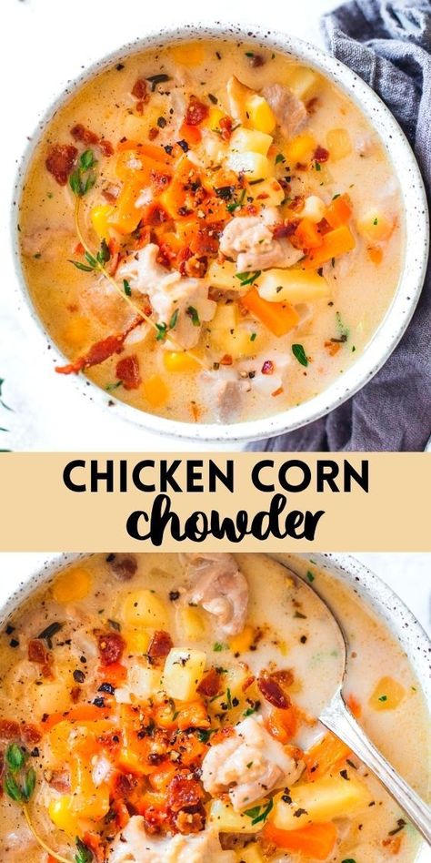 Chicken Corn Chowder Recipe, Potatoes And Corn, Chicken Chowder, Chicken Corn Chowder, Chicken Corn, Corn Chowder Recipe, Chowder Soup, Leftover Rotisserie Chicken, Chowder Recipe