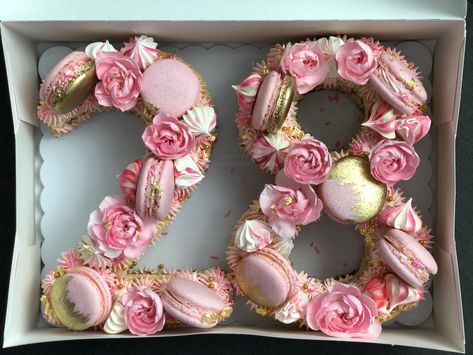 Cake shaped as the numbers “28”. The decorations are pink and include macarons, meringues and carnations. There are some gold details as well. 28 Number Cake, 28 Cake Birthday, Pink Number Cake, 2024 Blessings, 28 Number, 90 Birthday, Letter Cakes, Champagne Birthday, Letter Cake