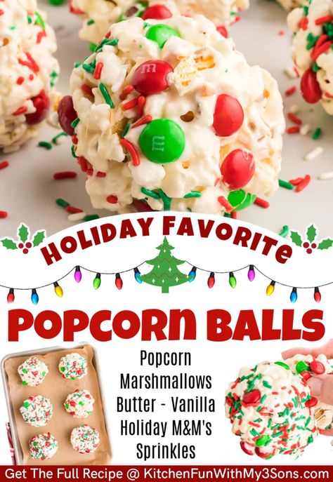 Christmas Popcorn Balls, Popcorn Balls Recipe, Popcorn Recipes Easy, Holiday Popcorn, Marshmallow Popcorn, Christmas Popcorn, Christmas Food Treats, Easy Christmas Treats, Popcorn Balls